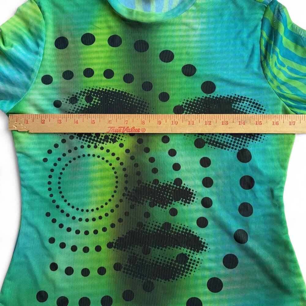 Y2K Style Another Girl Graphic Mesh Long Sleeve Top Blue Green Face Abstract - Picture 5 of 6